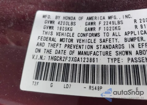 2016 Honda Accord z USA, uszkodzony, nr VIN 1HGCR2F3XGA123861